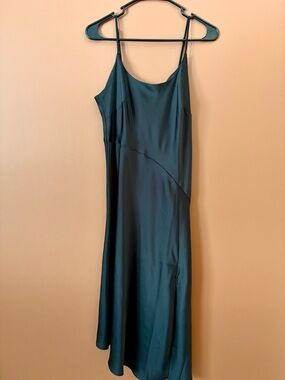 Black Satin Slip Dress M Midi Spaghetti Strap Side Slit Minimal Classic